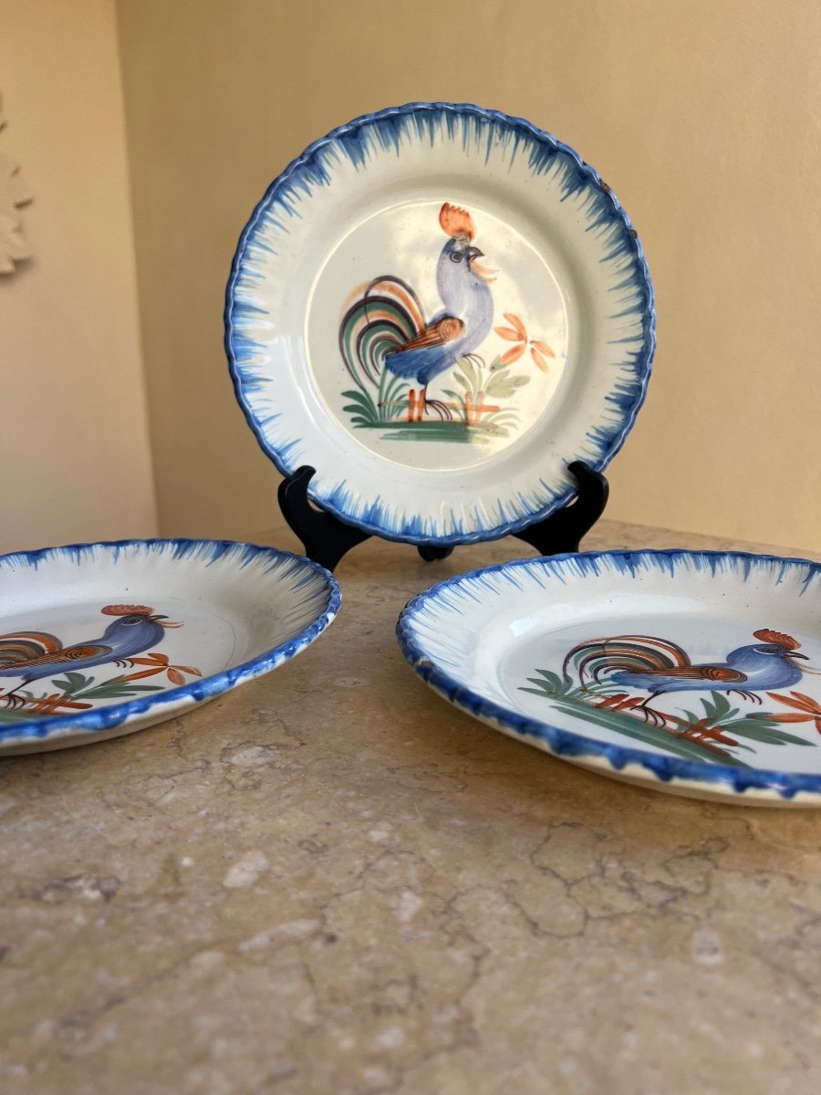 3 Antique Earthenware Rooster Plates By Wally, 19th Century -photo-4