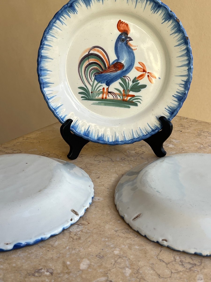 3 Antique Earthenware Rooster Plates By Wally, 19th Century -photo-2