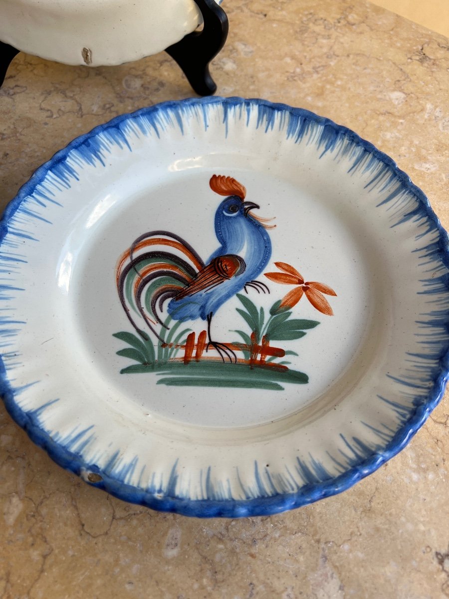 3 Antique Earthenware Rooster Plates By Wally, 19th Century -photo-5