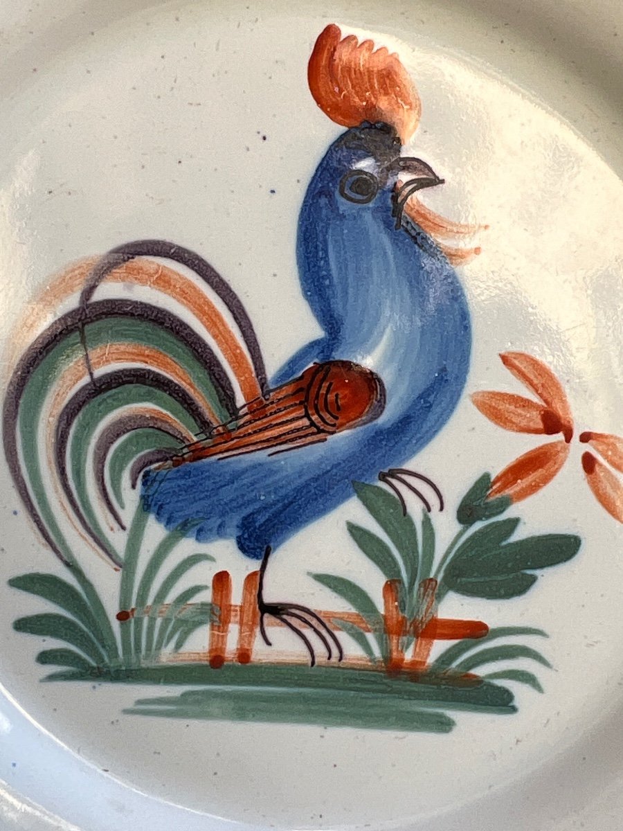 3 Antique Earthenware Rooster Plates By Wally, 19th Century -photo-8