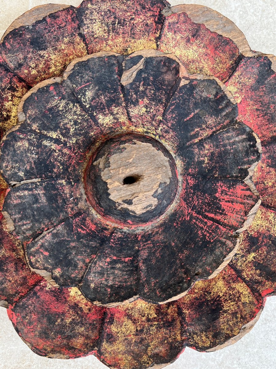 Polychrome Wood Temple Flower Medallion, Pagan, Burma.-photo-8