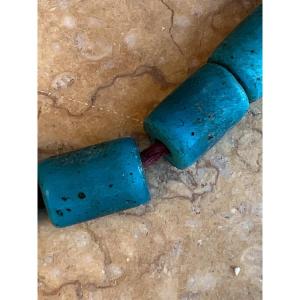 Rare Collier Pate De Verre Bleu Forme Tube Ethnie Lisu, Province Shan , Birmanie