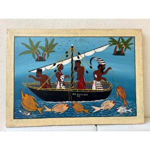 Martin  Peter  Tanzanie  Bateau De Pêcheurs Huile Sur Toile 