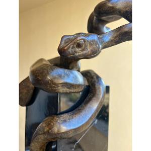 Hyperrealistic Bronze Snake On Black Marble Base 20th Century Burma 