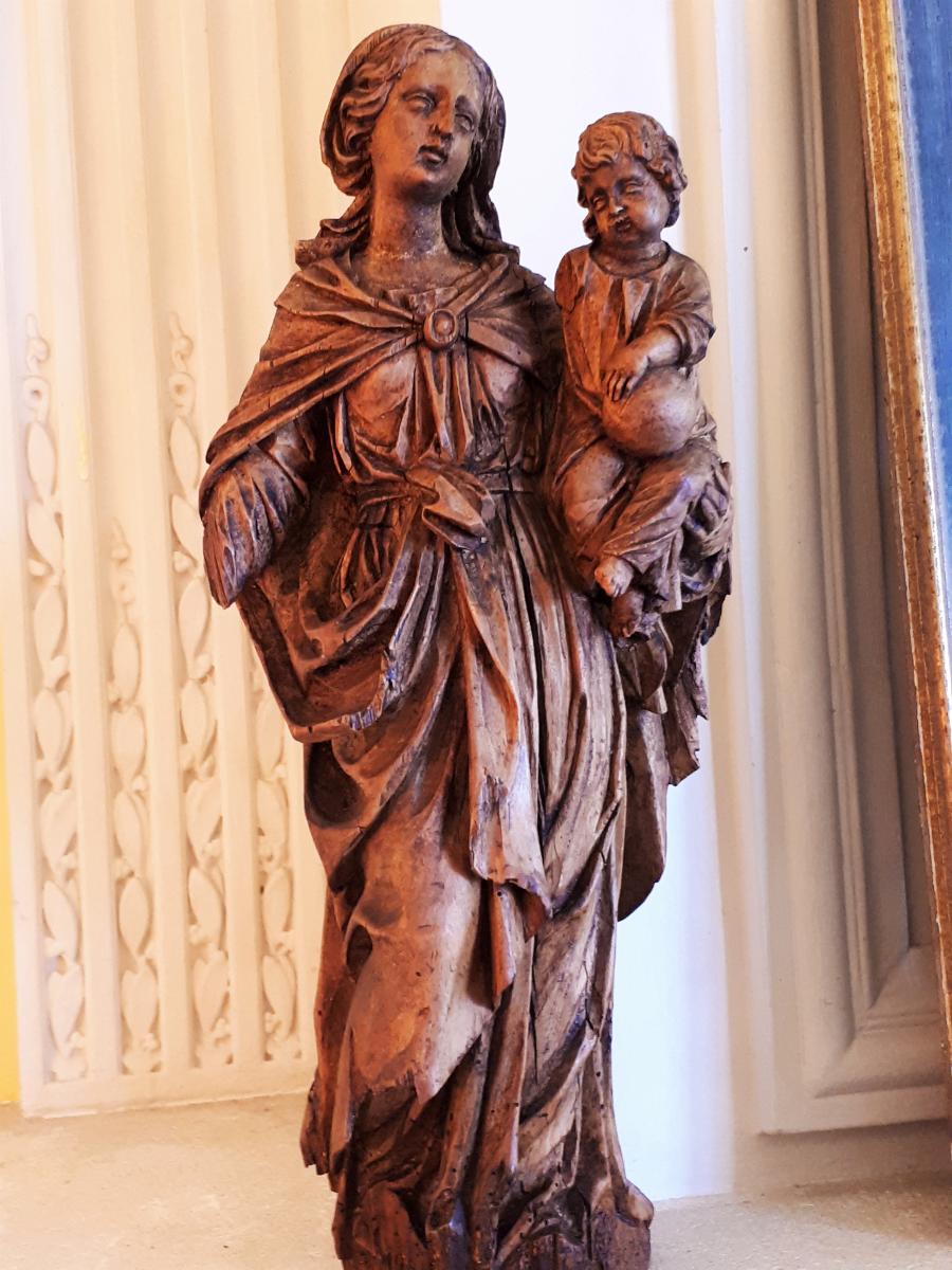 Virgin And Child In Natural Wood 18th Century