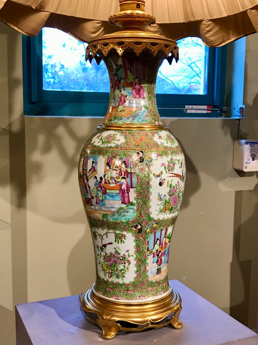 Superb And Tall Chinese Rose Mandarin Porcelain Lamp-photo-3