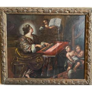 Remarkable Oil On Canvas Representing Saint Cecilia At The Organ