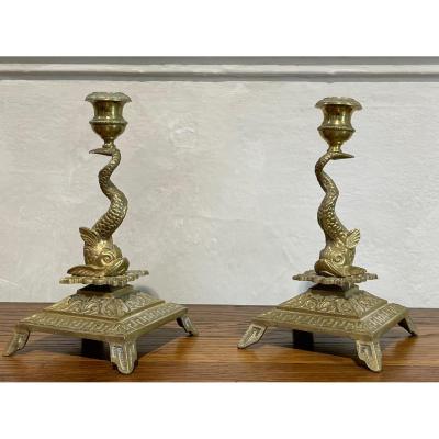 Pretty Pair Of Bronze Candlesticks Decorated With Dolphins