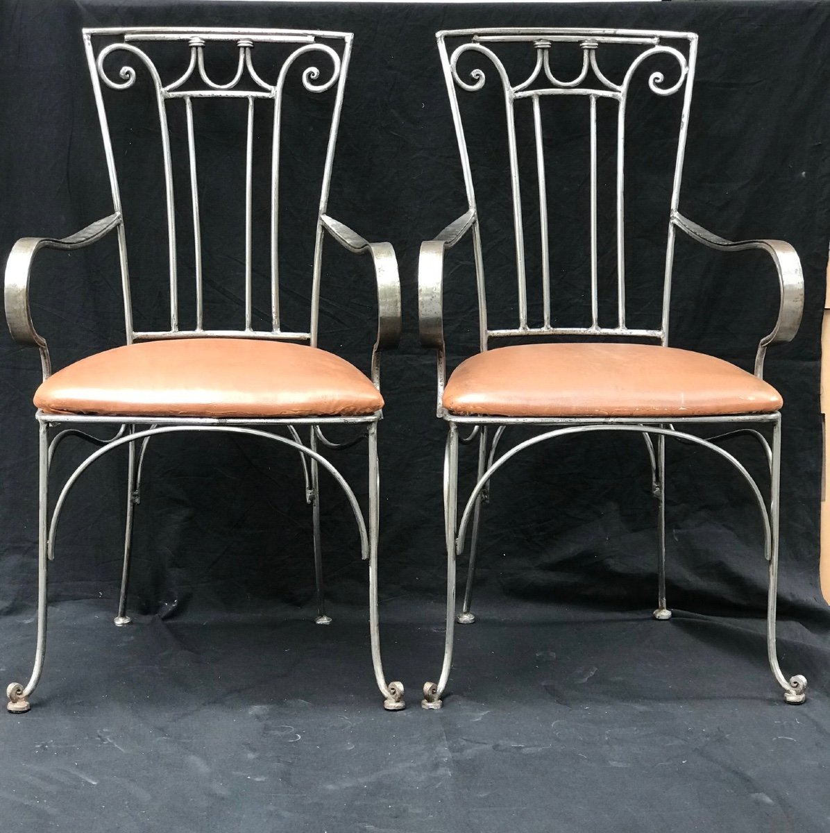 Series Of 4 Polished Wrought Iron Armchairs From The 1940s-photo-2