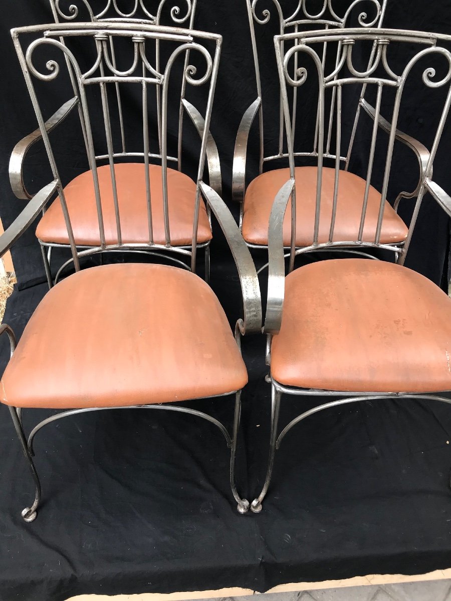 Series Of 4 Polished Wrought Iron Armchairs From The 1940s-photo-2