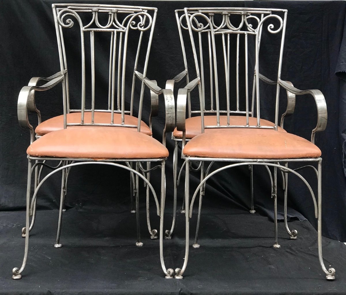 Series Of 4 Polished Wrought Iron Armchairs From The 1940s