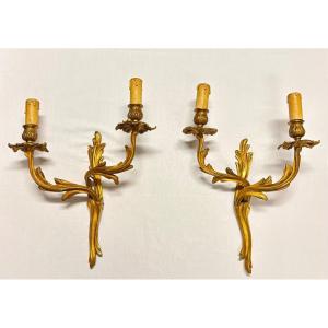 Pair Of Wall Sconces With Two Arms Of Light, In Gilded Bronze, Louis XV Style