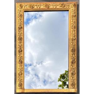 19th Century Fireplace Mirror Wood And Rectangular Golden Stucco