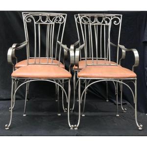 Series Of 4 Polished Wrought Iron Armchairs From The 1940s