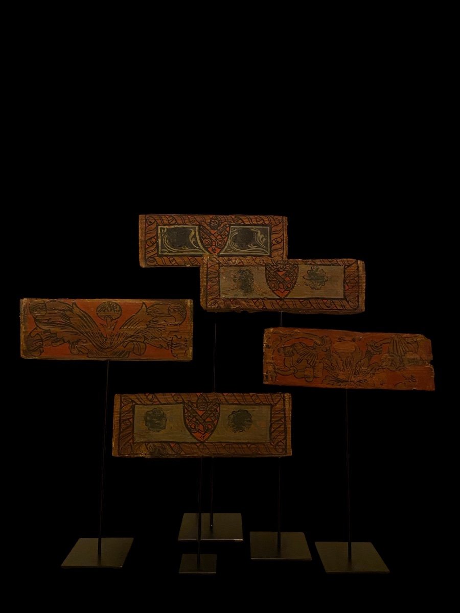 Five Small Panels Of A Wooden Ceiling - Italy (lazio/umbria) - XVth Century-photo-1