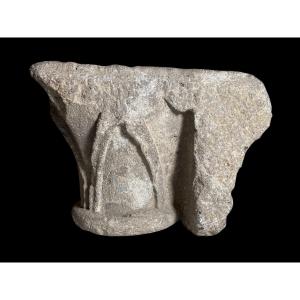 Limestone Capital Decorated With Crossed Bands - France, XIIth Century 