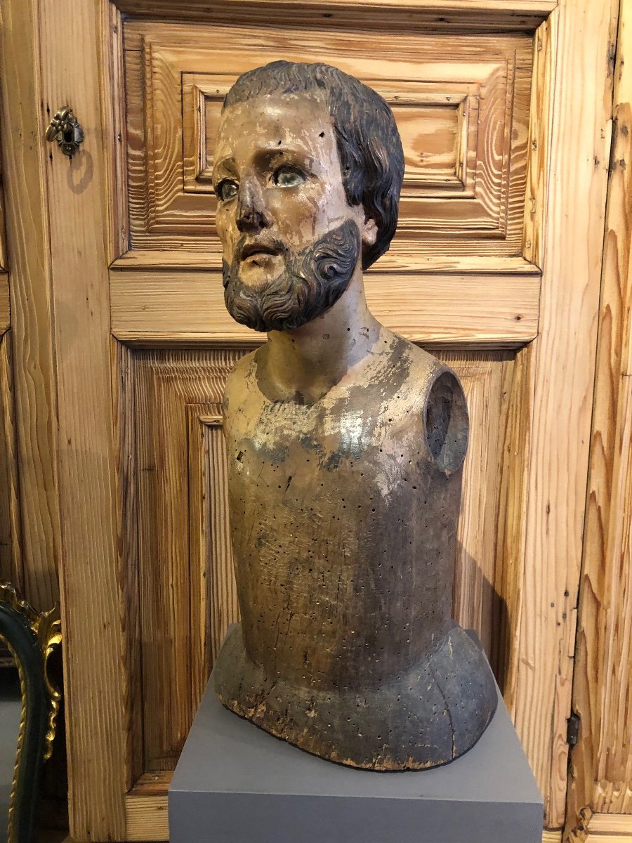 Ancienne Sculpture Bust En Bois Peint -photo-2