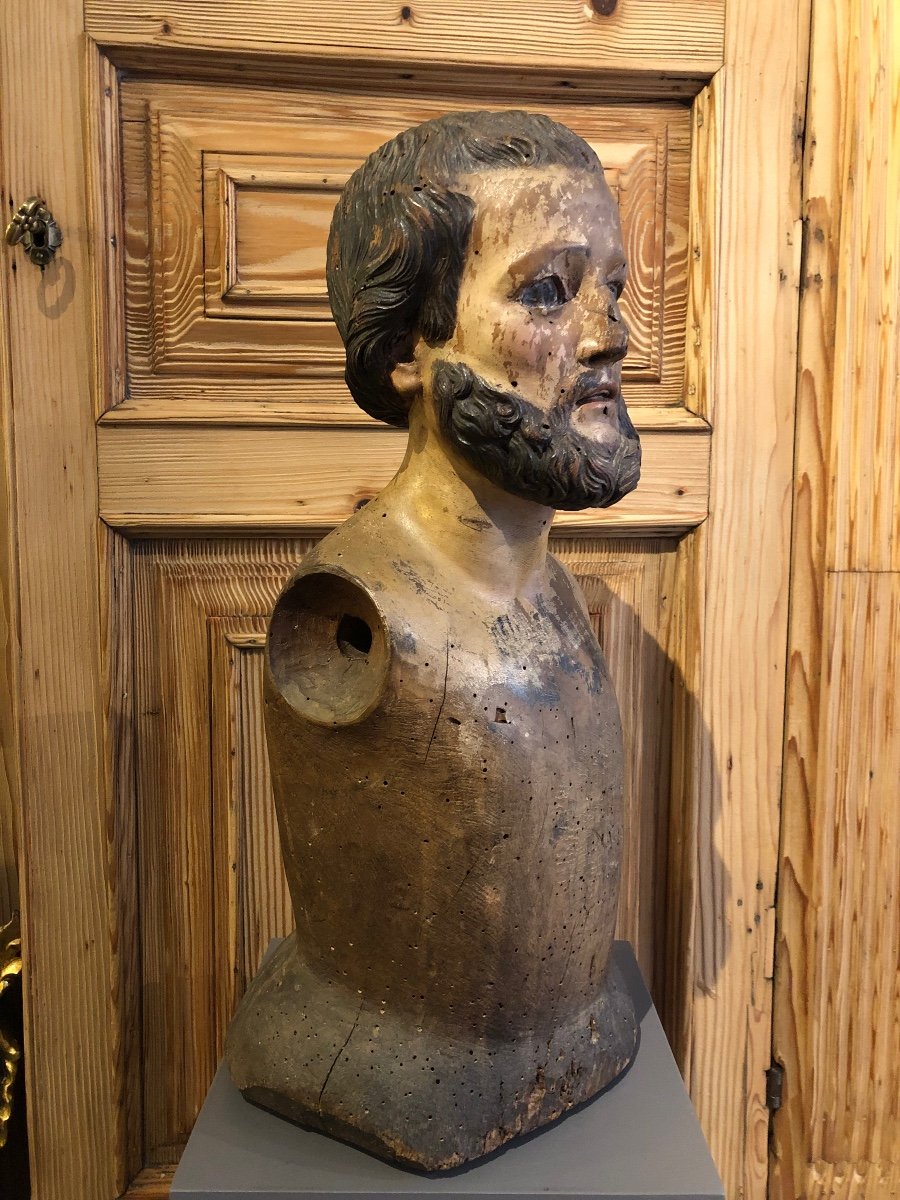 Ancienne Sculpture Bust En Bois Peint -photo-1