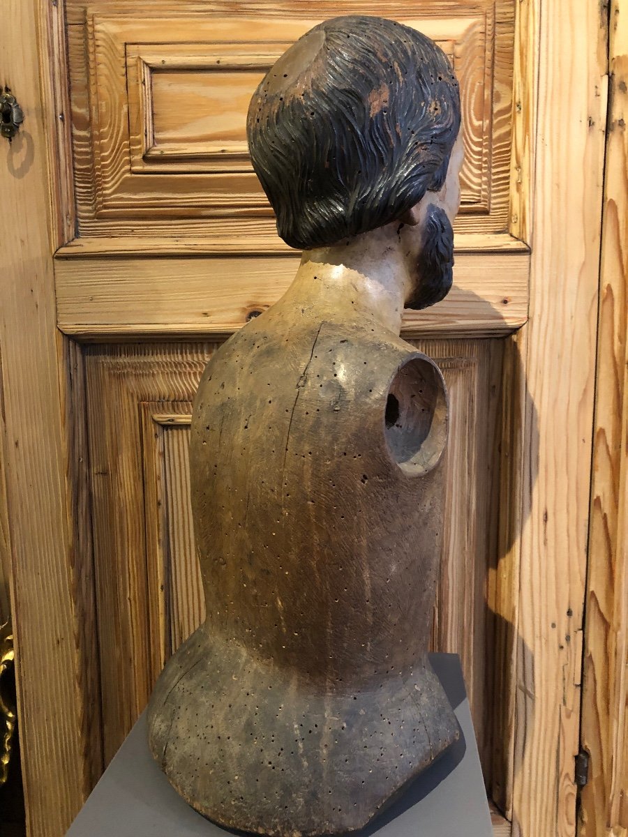 Ancienne Sculpture Bust En Bois Peint -photo-2