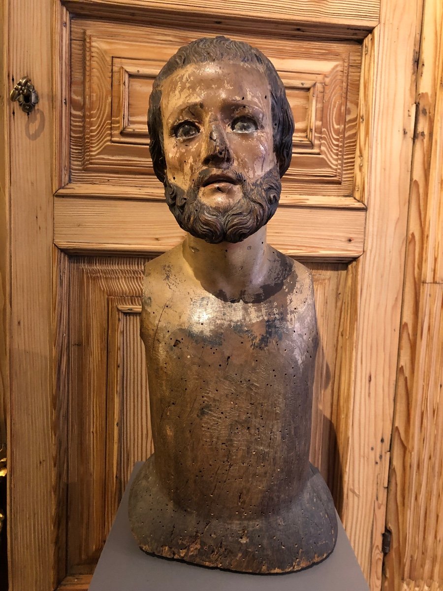 Ancienne Sculpture Bust En Bois Peint -photo-4