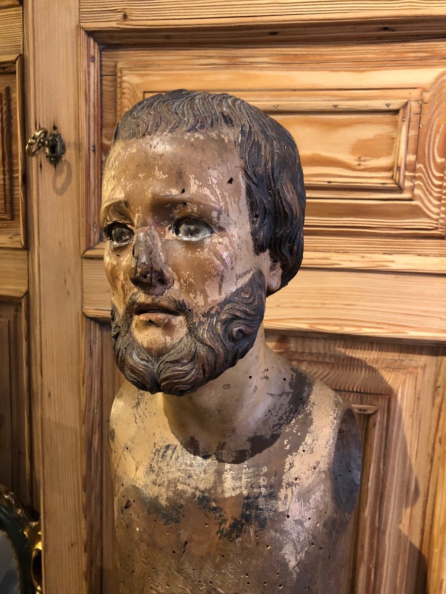 Ancienne Sculpture Bust En Bois Peint 