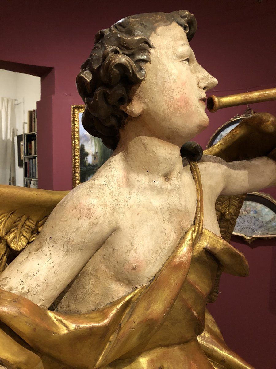 Sculpture Angel Painted And Gilded Early 18th Century-photo-1