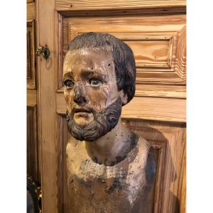 Ancienne Sculpture Bust En Bois Peint 