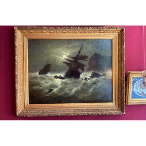 Grand Tableau, Nocturne, Marine Avec Voilier En Tempête