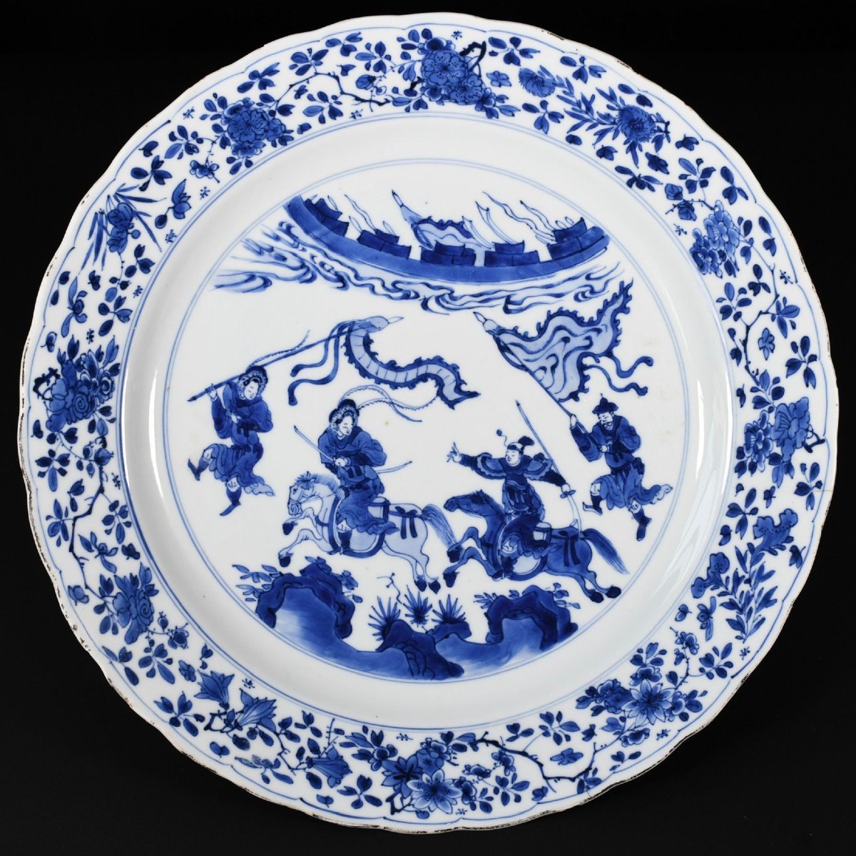 Large Porcelain Dish With Blue And White Decor Of Horsemen - China 18th Kangxi Period