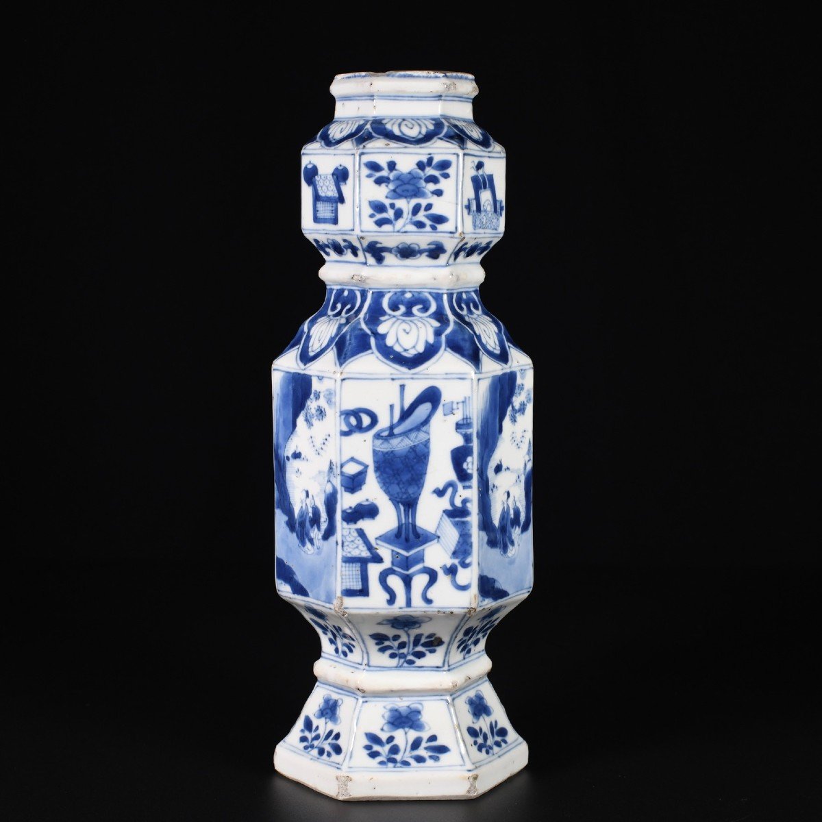 Blue And White Hexagonal Vase Of Figures And Precious Objects - China 18th Century Kangxi Period-photo-2