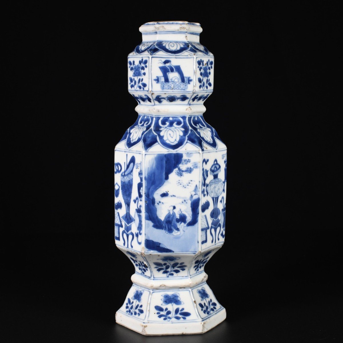 Blue And White Hexagonal Vase Of Figures And Precious Objects - China 18th Century Kangxi Period-photo-3