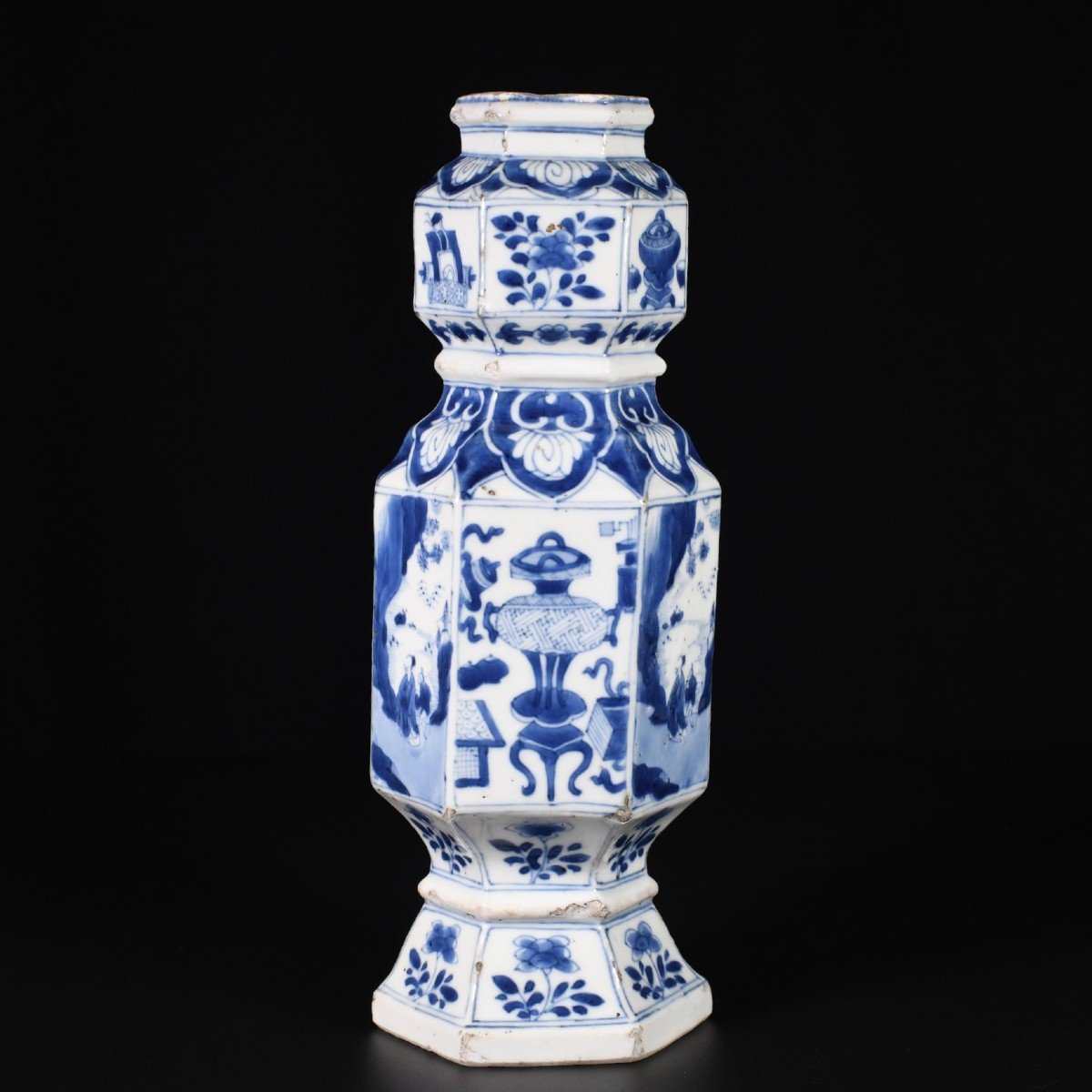 Blue And White Hexagonal Vase Of Figures And Precious Objects - China 18th Century Kangxi Period-photo-4