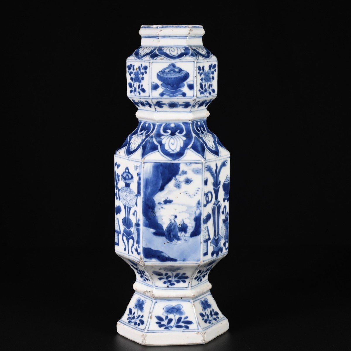 Blue And White Hexagonal Vase Of Figures And Precious Objects - China 18th Century Kangxi Period-photo-1