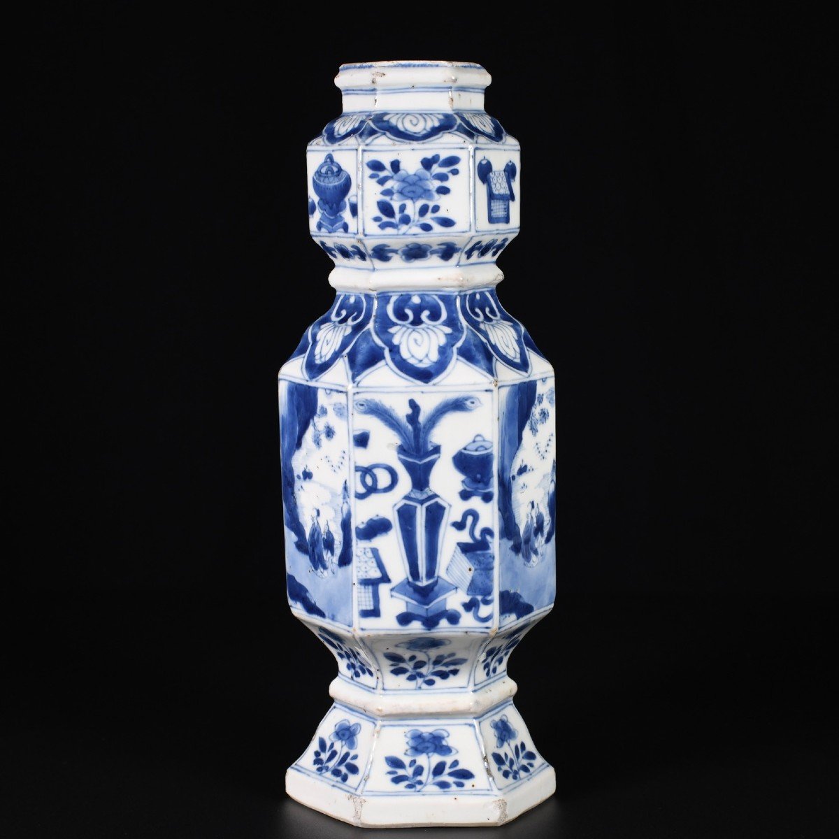 Blue And White Hexagonal Vase Of Figures And Precious Objects - China 18th Century Kangxi Period-photo-2