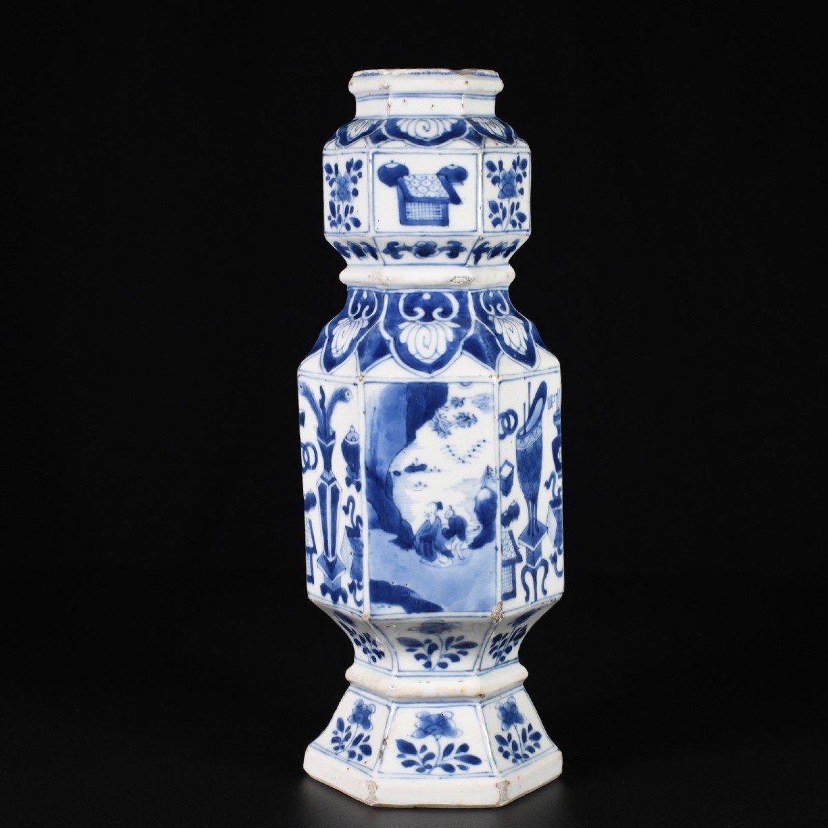 Blue And White Hexagonal Vase Of Figures And Precious Objects - China 18th Century Kangxi Period