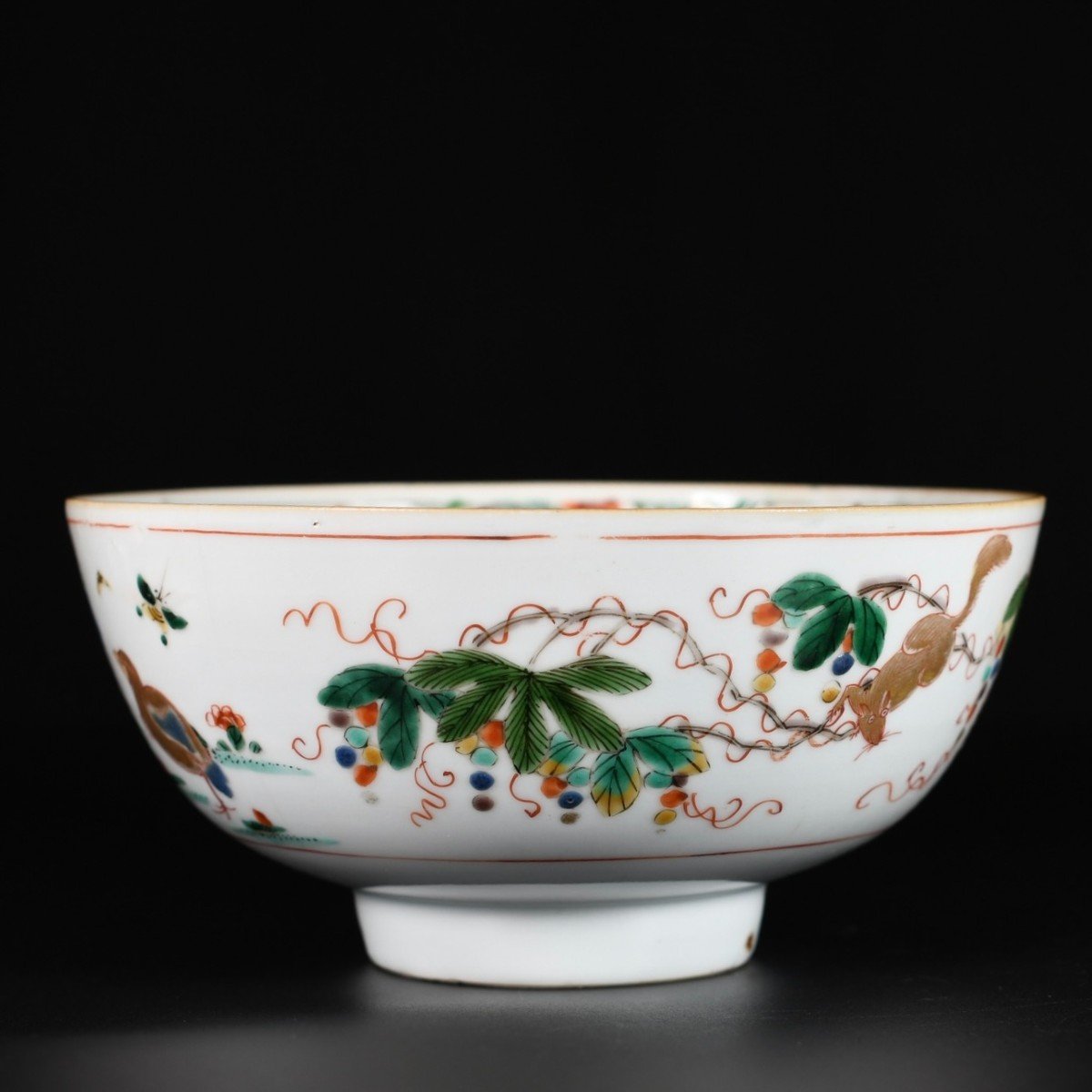 Squirrel And Quails Famille Verte Bowl - China 18th Century Kangxi Period-photo-3