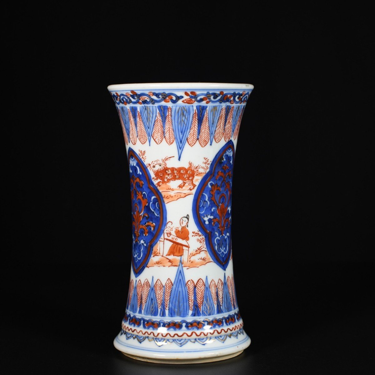 Beaker Vase With Blue And White, And Red And Gold Decoration - China 18th Century Kangxi Period-photo-4