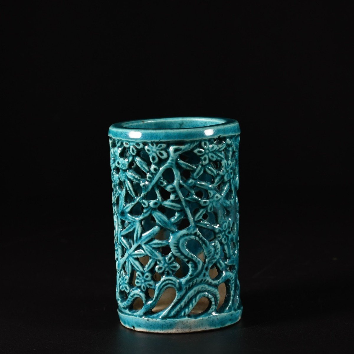 Two Turquoise Glazed Brush Pots - China 18th Century Kangxi Period-photo-3