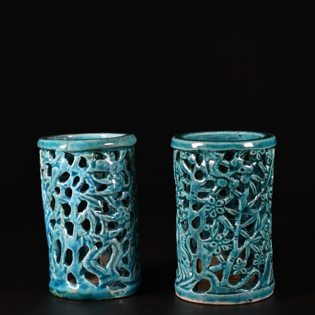 Two Turquoise Glazed Brush Pots - China 18th Century Kangxi Period