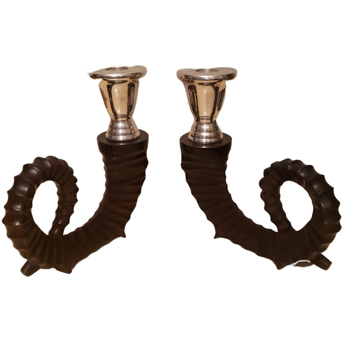 Pair Of Maison Chapman Bronze Candlesticks In The Shape Of Ram's Horns Circa 1970