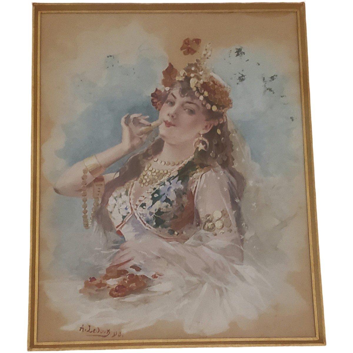 A.leroux Aquarelle Orientaliste Femme De Profil -photo-1