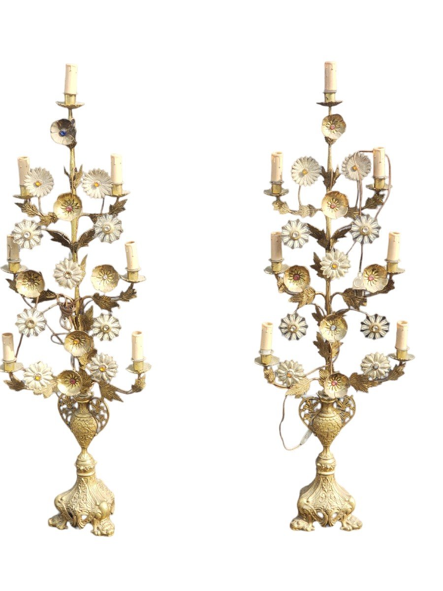 Pair Of Gilt Bronze Church Candelabra With Flower Decor And Seven Arms Of Light