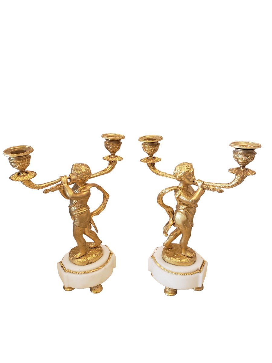 Pair Of Candelabra In Gilt Bronze And Marble, 19th Century Model By Clodion-photo-1