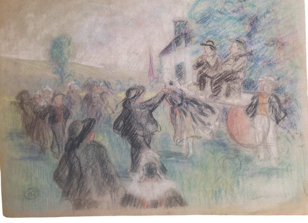 Mathurin Meheut Breton Festival In The Village Pastel On Paper Monogram Mm For Mathurin Meheut