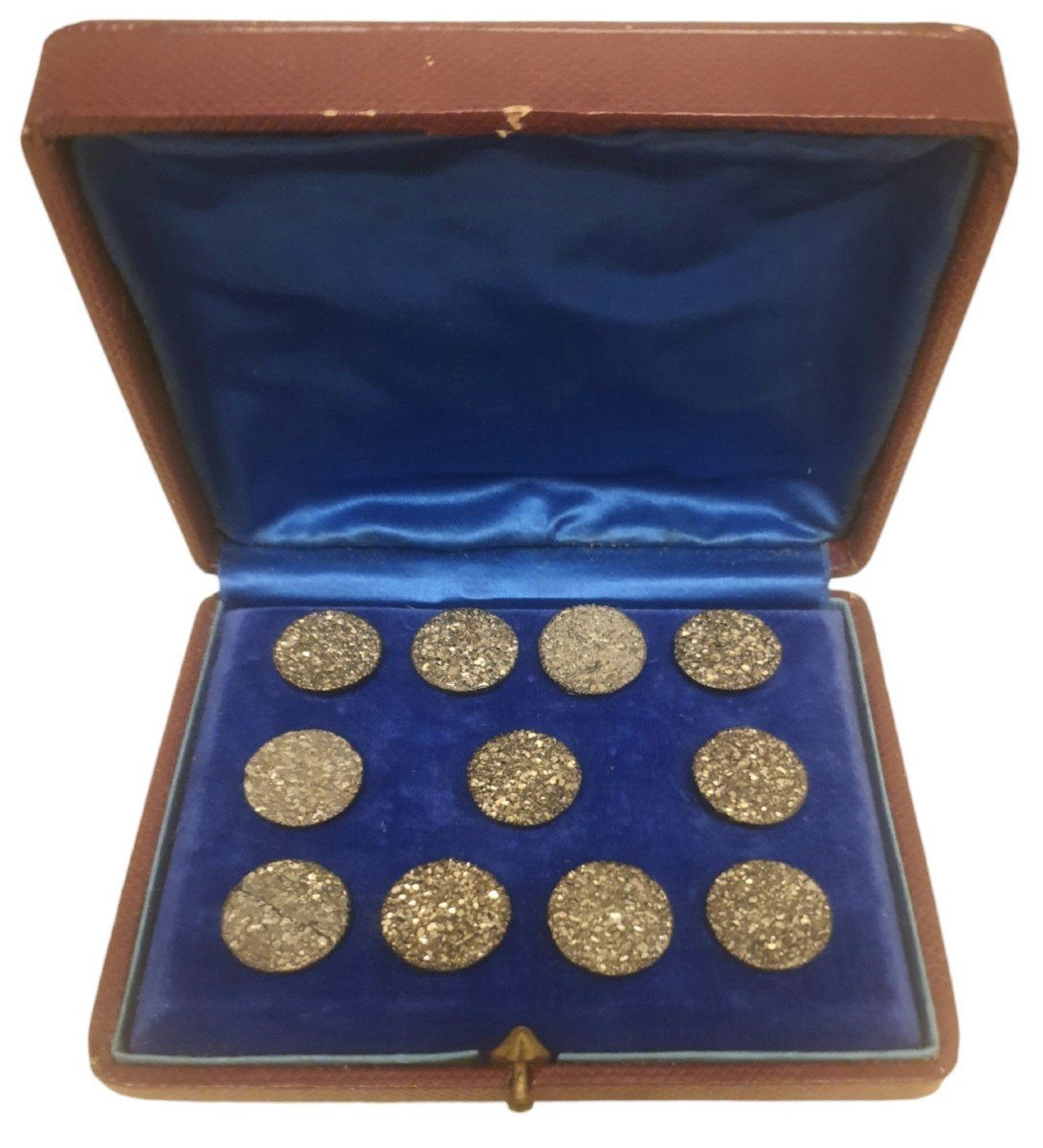 Box Of 11 Solid Silver And Pyrite Buttons, 19th Century 