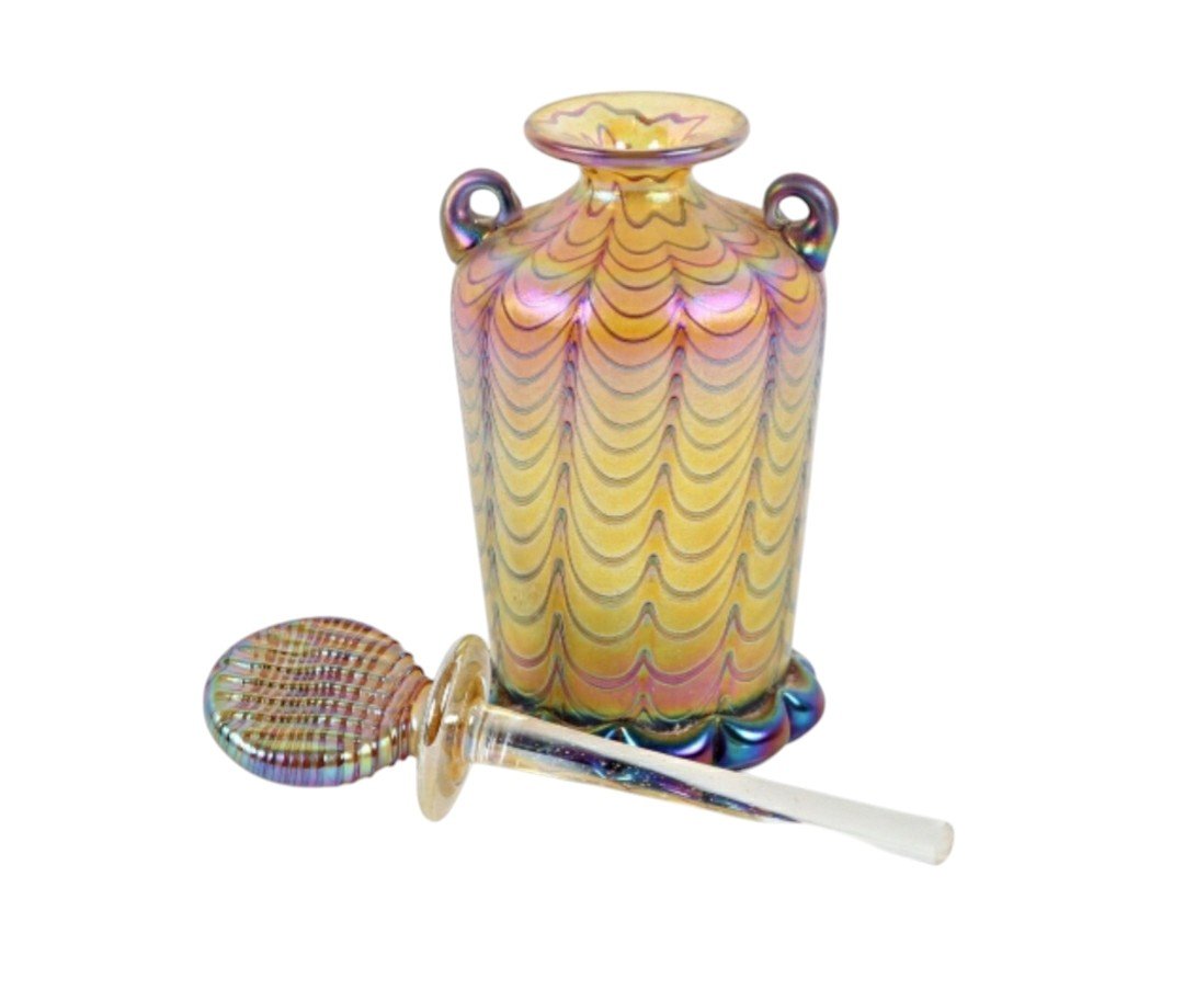 Loetz Tiffany Iridescent Glass Perfume Bottle With Feather Decor 