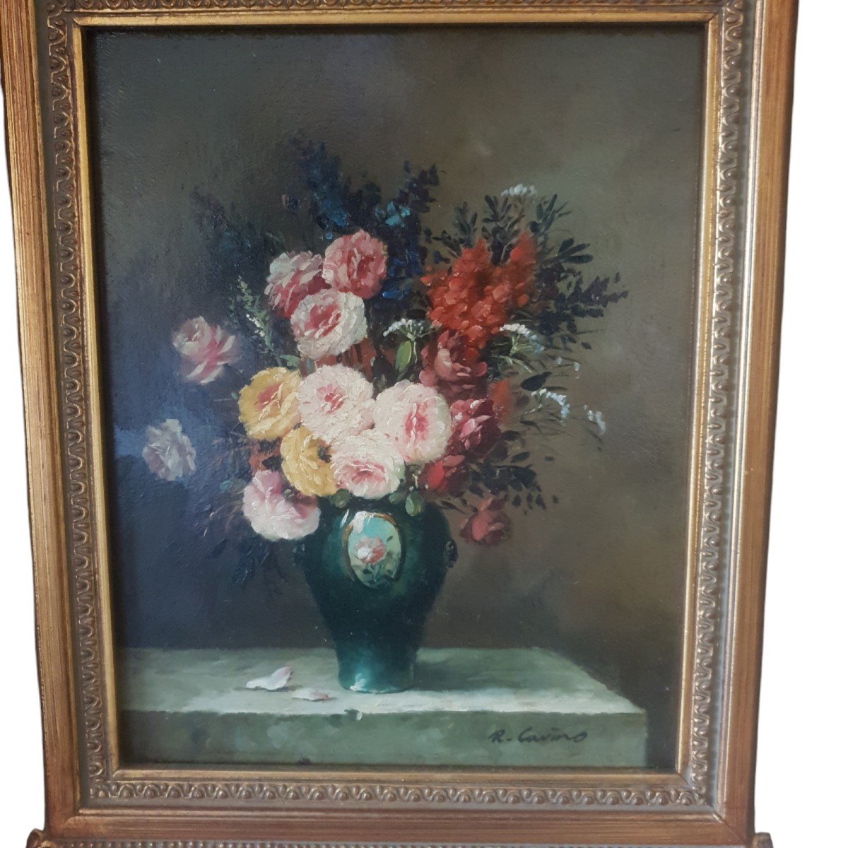 Pair Oil On Canvas Landscape And Bouquet Of Flowers-photo-2