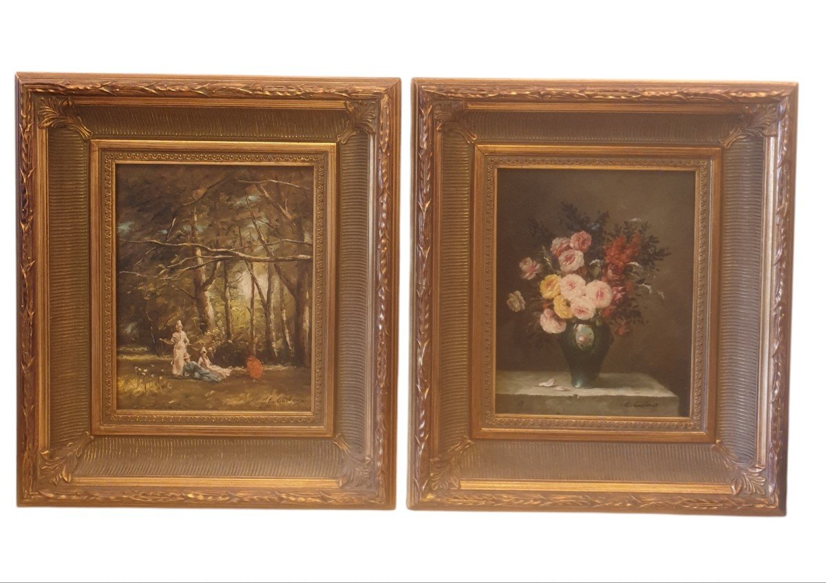 Pair Oil On Canvas Landscape And Bouquet Of Flowers