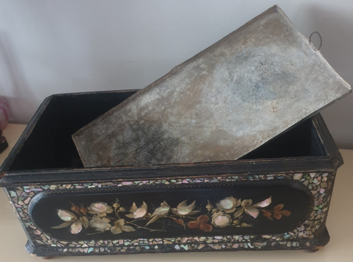 Jardiniere Centre De Table Bois Et Incrustations De Nacre Oiseaux Et Fleurs -photo-2