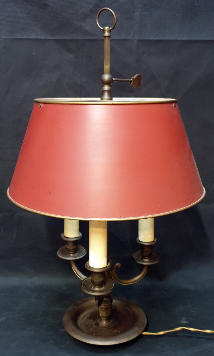 Hot Water Bottle Lamp With Three Lights In Bronze Patina Medal Lampshade In Red Sheet Metal